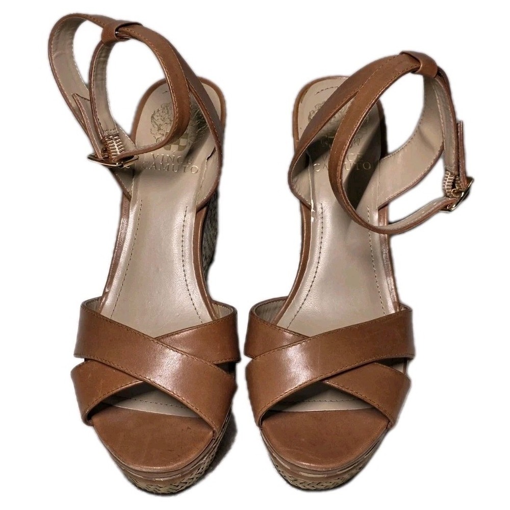 Vince Camuto Womens Size 7.5 B Raven Brown Leather Ankle Wedges Platform Sandals
